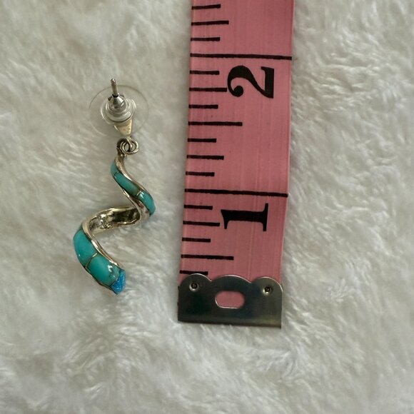 Vintage Sterling Silver Turquoise Blue Opal Spiral Drop Earrings Native American - Picture 7 of 11